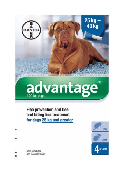 Bayer Advantage 400 Spot-On Solution Dogs 4 X 4ml Pipette 25kg Plus 3 Bayer Advantage 400 Spot-On Solution Dogs 4 X 4ml Pipette 25kg Plus